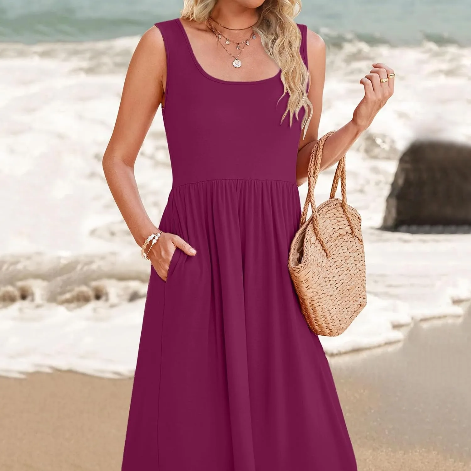 Women's Summer Dresses Sleeveless Casual Boho Maxi Long Dress Square Neck Smocked Floral Beach Vacation Sundresses 4