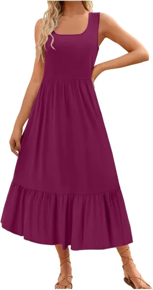 Women's Summer Dresses Sleeveless Casual Boho Maxi Long Dress Square Neck Smocked Floral Beach Vacation Sundresses 4
