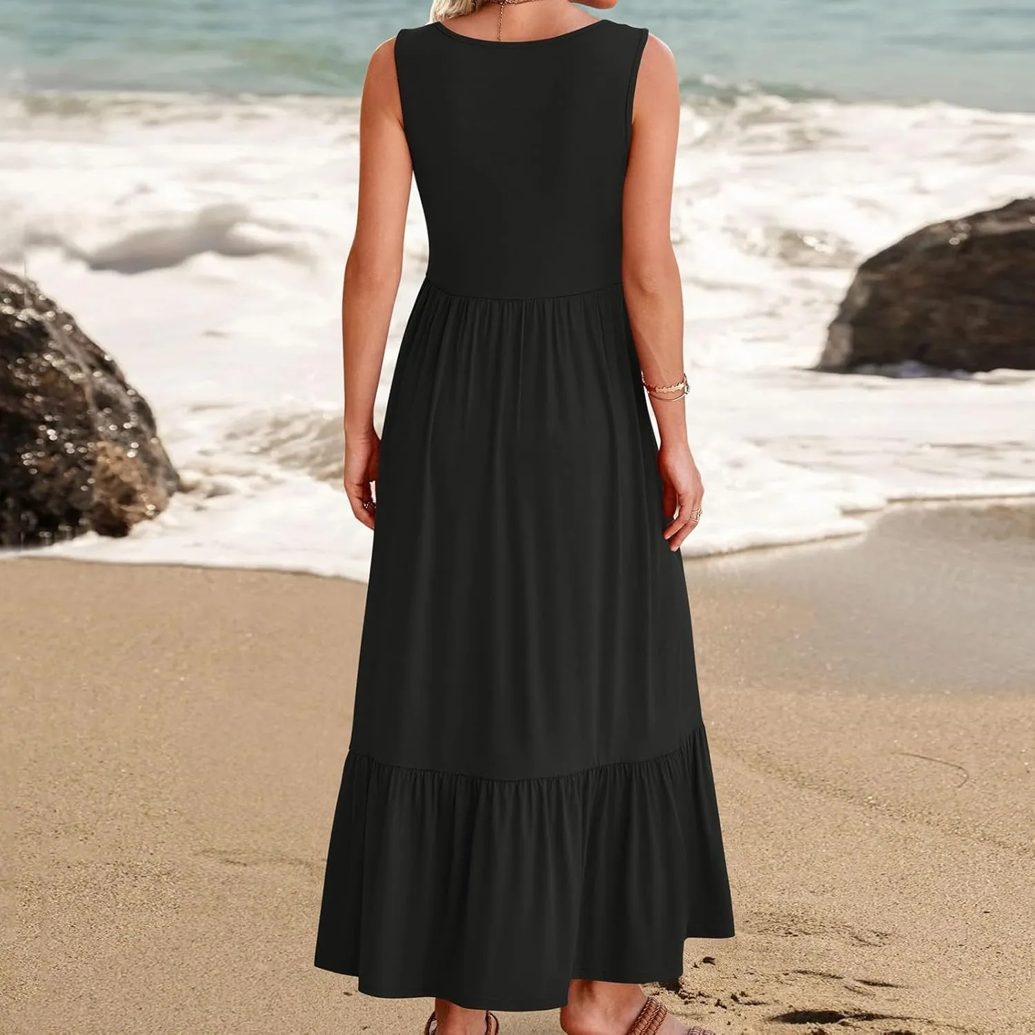 Women's Summer Dresses Sleeveless Casual Boho Maxi Long Dress Square Neck Smocked Floral Beach Vacation Sundresses 4