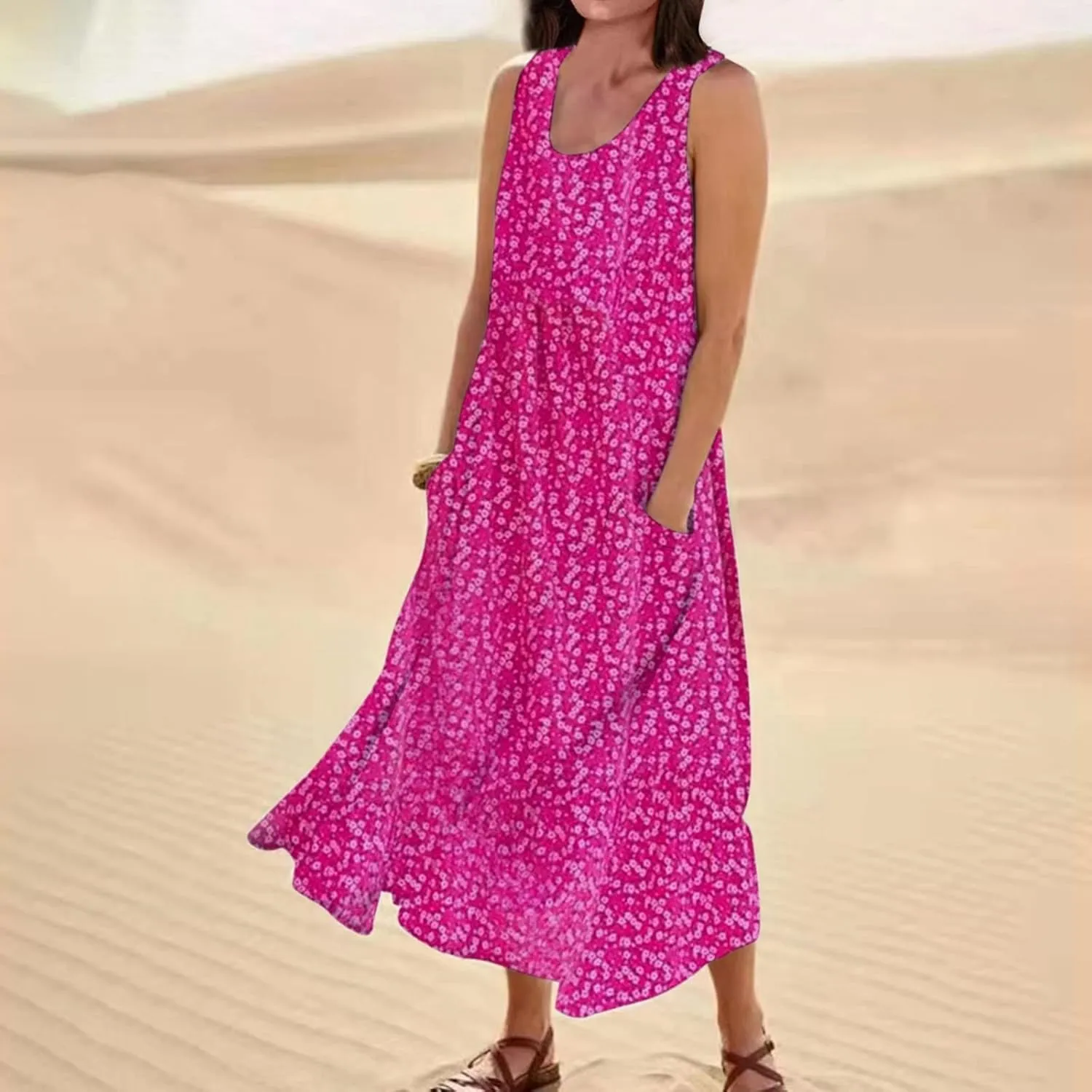 Women's Summer Floral Dresses Plus Size Dresses for Curvy Women Casual Midi Dress Sleeveless Wedding Guest Dresses