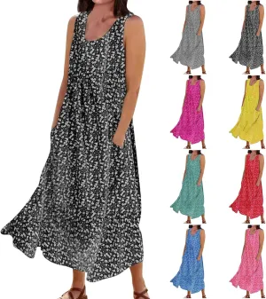 Women's Summer Floral Dresses Plus Size Dresses for Curvy Women Casual Midi Dress Sleeveless Wedding Guest Dresses