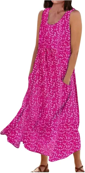 Women's Summer Floral Dresses Plus Size Dresses for Curvy Women Casual Midi Dress Sleeveless Wedding Guest Dresses