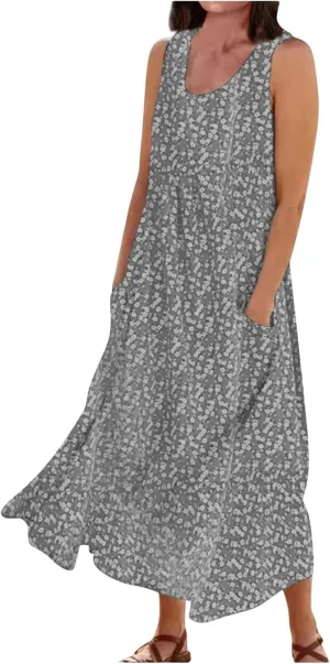 Women's Summer Floral Dresses Plus Size Dresses for Curvy Women Casual Midi Dress Sleeveless Wedding Guest Dresses