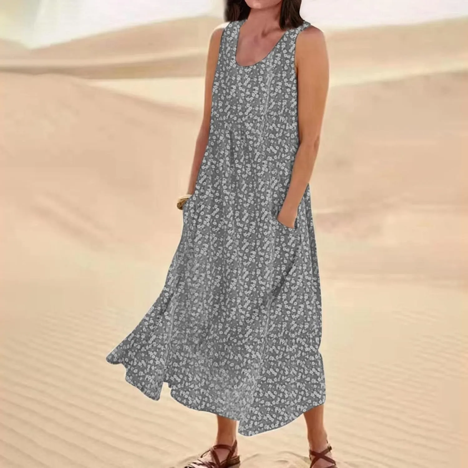 Women's Summer Floral Dresses Plus Size Dresses for Curvy Women Casual Midi Dress Sleeveless Wedding Guest Dresses
