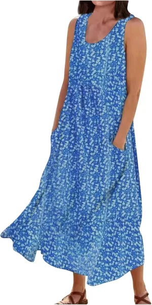 Women's Summer Floral Dresses Plus Size Dresses for Curvy Women Casual Midi Dress Sleeveless Wedding Guest Dresses
