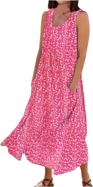 Women's Summer Floral Dresses Plus Size Dresses for Curvy Women Casual Midi Dress Sleeveless Wedding Guest Dresses