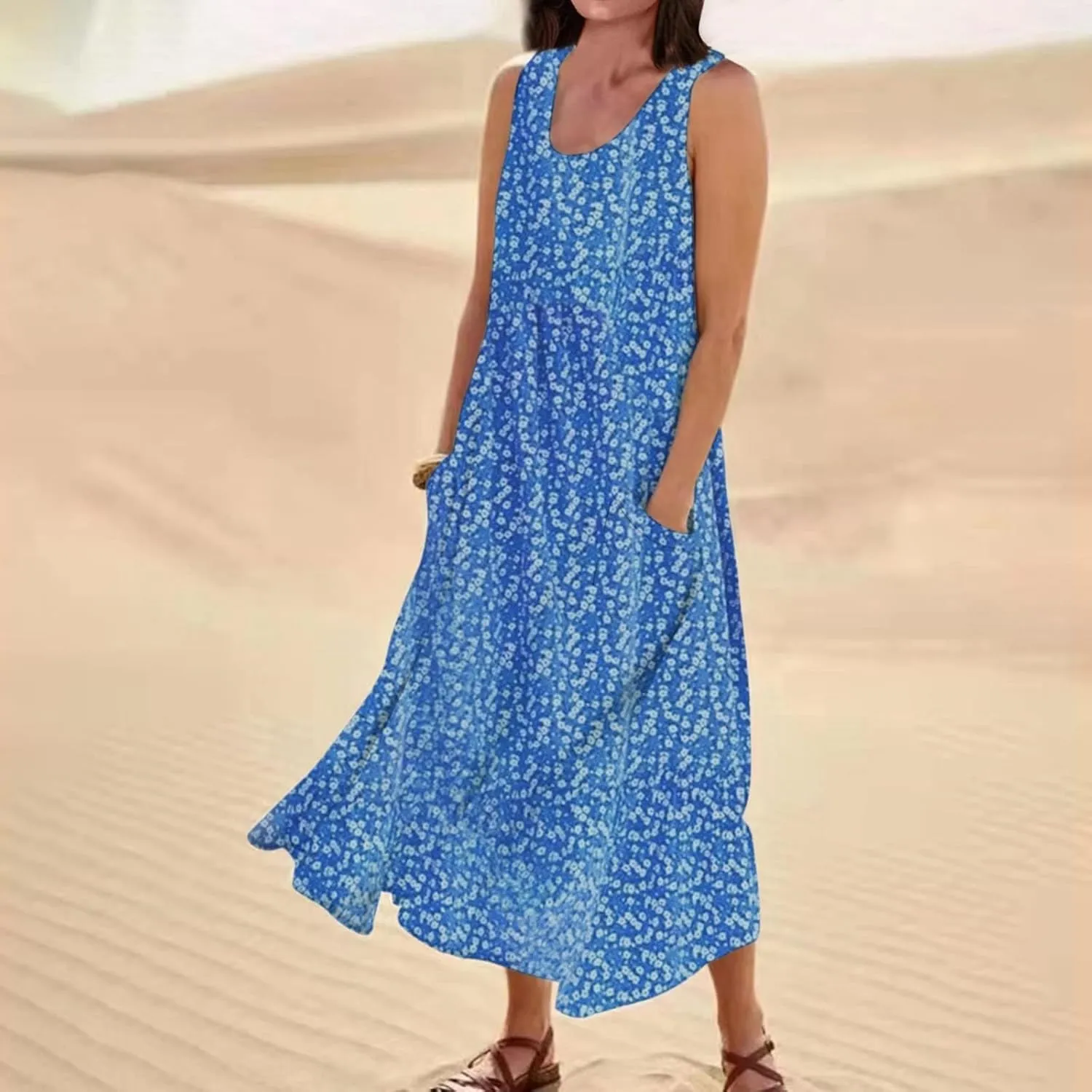 Women's Summer Floral Dresses Plus Size Dresses for Curvy Women Casual Midi Dress Sleeveless Wedding Guest Dresses