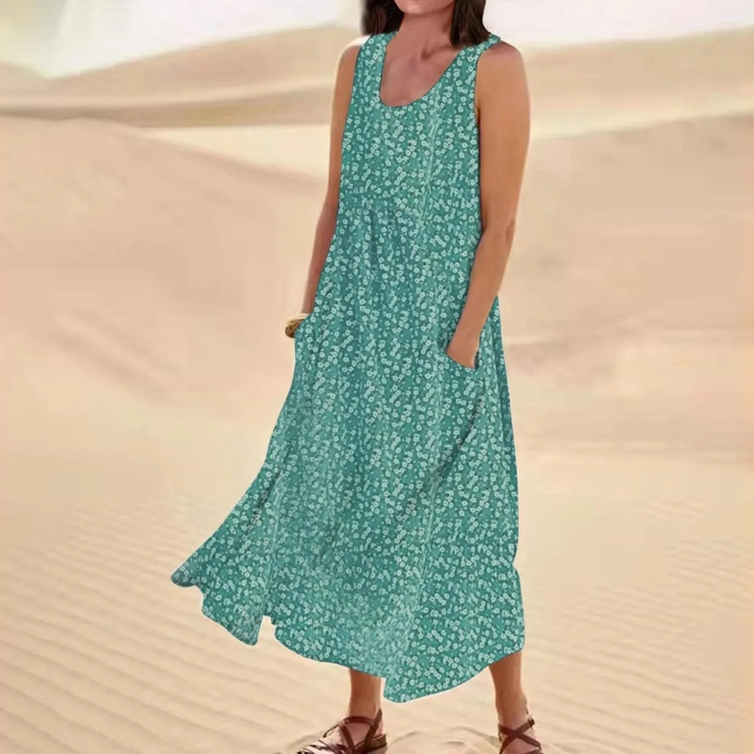 Women's Summer Floral Dresses Plus Size Dresses for Curvy Women Casual Midi Dress Sleeveless Wedding Guest Dresses