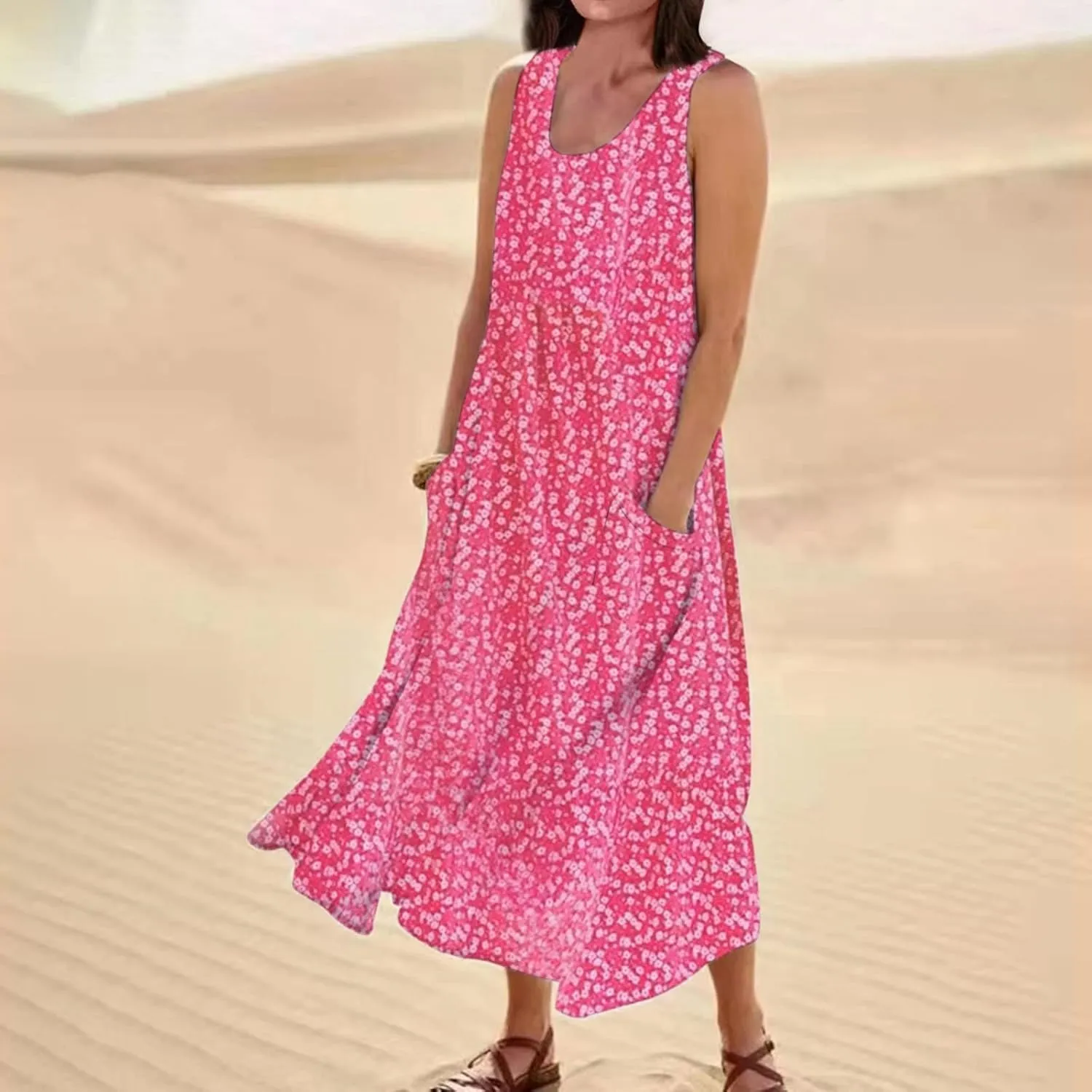 Women's Summer Floral Dresses Plus Size Dresses for Curvy Women Casual Midi Dress Sleeveless Wedding Guest Dresses