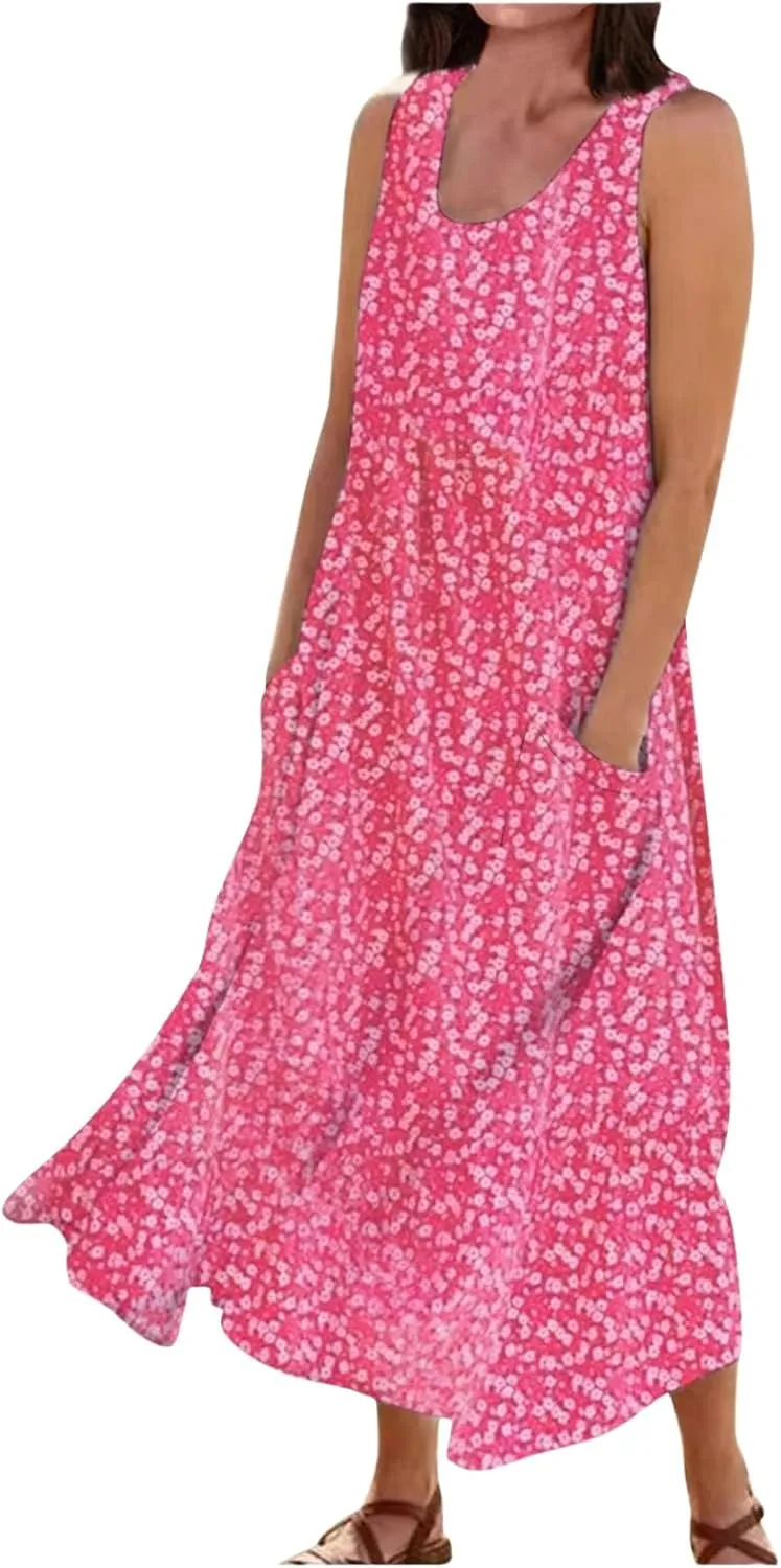 Women's Summer Floral Dresses Plus Size Dresses for Curvy Women Casual Midi Dress Sleeveless Wedding Guest Dresses