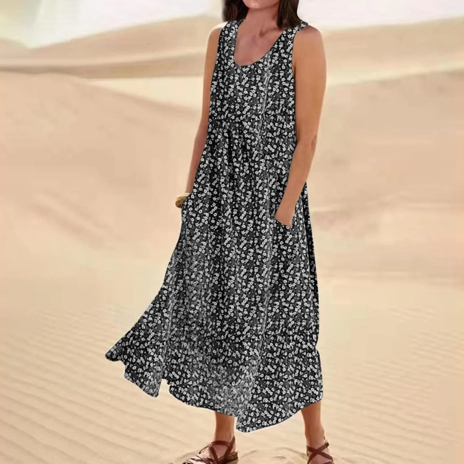 Women's Summer Floral Dresses Plus Size Dresses for Curvy Women Casual Midi Dress Sleeveless Wedding Guest Dresses