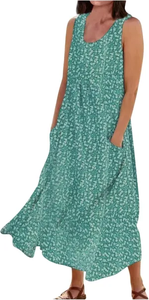 Women's Summer Floral Dresses Plus Size Dresses for Curvy Women Casual Midi Dress Sleeveless Wedding Guest Dresses