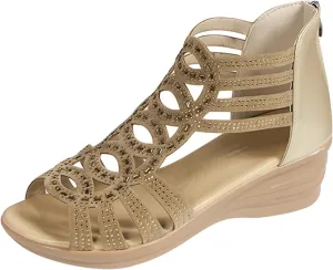 Women's Summer Leather Rhinestones Non Slip Zipper Wedges Beach Open Toe Breathable Sandals Shoes Huarache Women