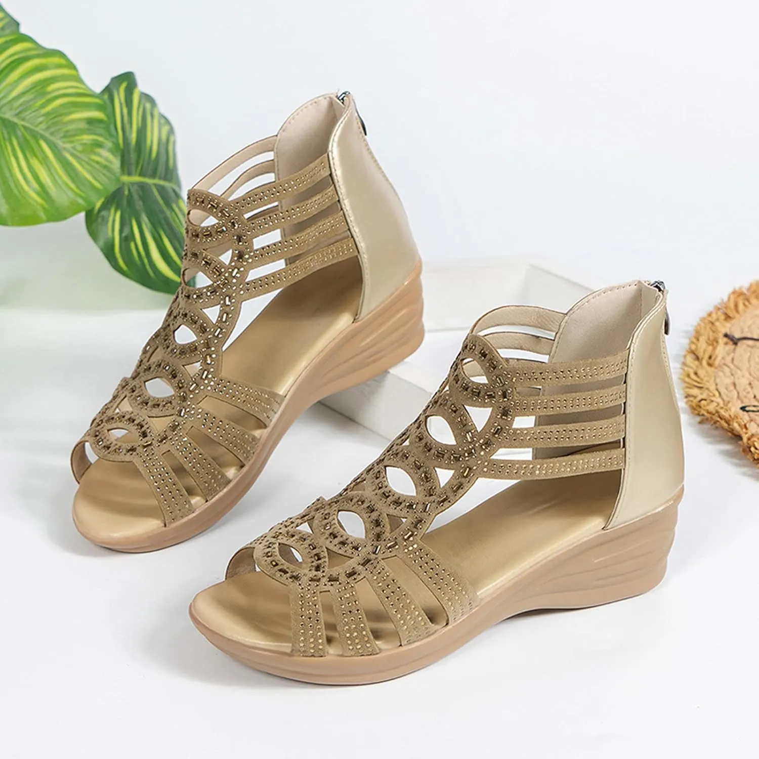 Women's Summer Leather Rhinestones Non Slip Zipper Wedges Beach Open Toe Breathable Sandals Shoes Huarache Women