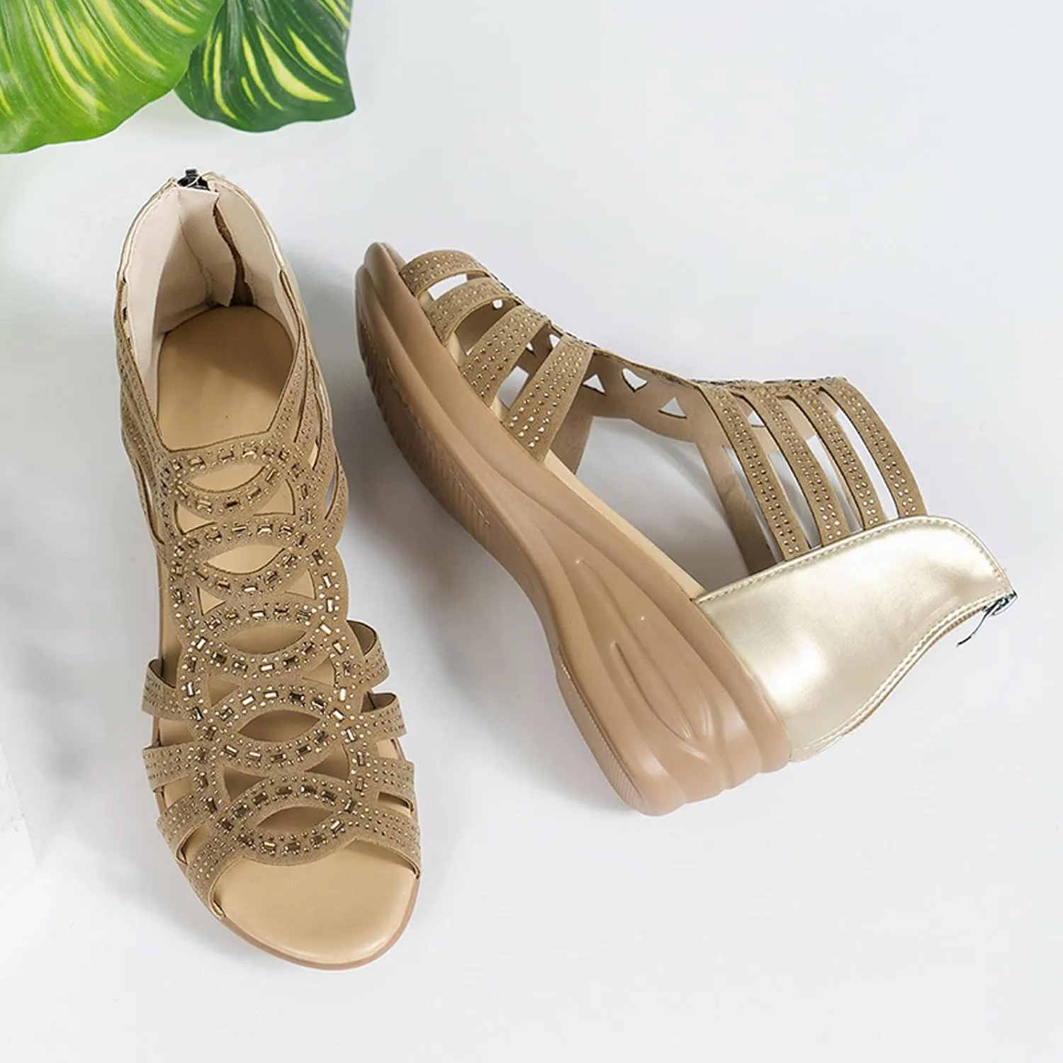 Women's Summer Leather Rhinestones Non Slip Zipper Wedges Beach Open Toe Breathable Sandals Shoes Huarache Women