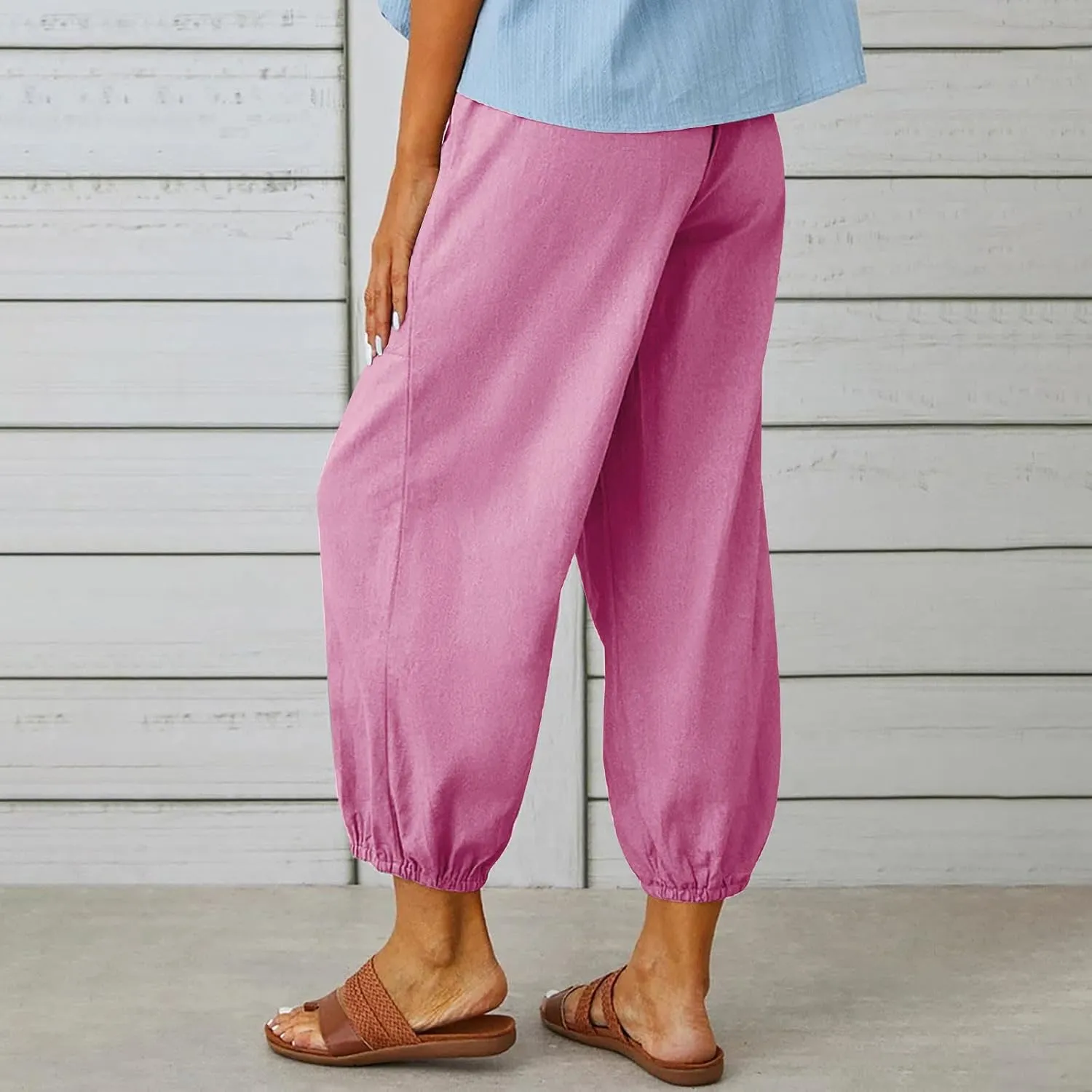 Womens Summer Linen Crop Pants Wide Leg Pants Cotton Linen Pants Elastic Waist Carips Pants Casual Oversized Trousers