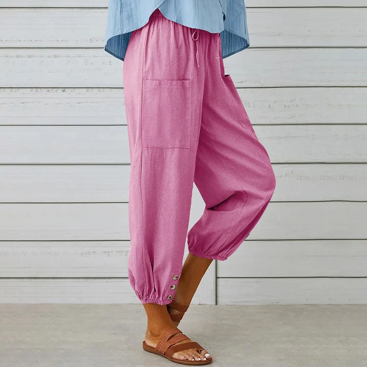Womens Summer Linen Crop Pants Wide Leg Pants Cotton Linen Pants Elastic Waist Carips Pants Casual Oversized Trousers