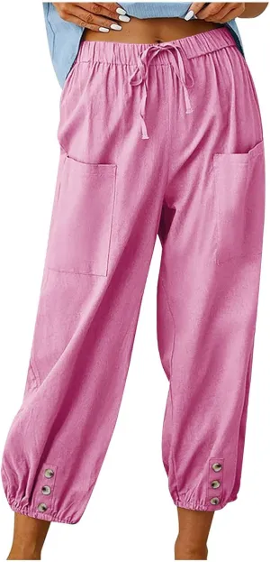 Womens Summer Linen Crop Pants Wide Leg Pants Cotton Linen Pants Elastic Waist Carips Pants Casual Oversized Trousers