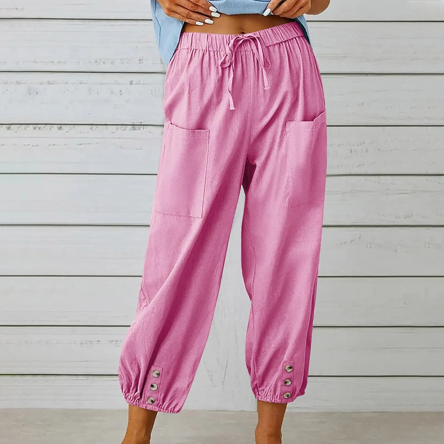 Womens Summer Linen Crop Pants Wide Leg Pants Cotton Linen Pants Elastic Waist Carips Pants Casual Oversized Trousers