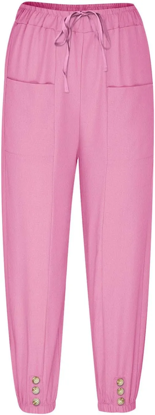 Womens Summer Linen Crop Pants Wide Leg Pants Cotton Linen Pants Elastic Waist Carips Pants Casual Oversized Trousers