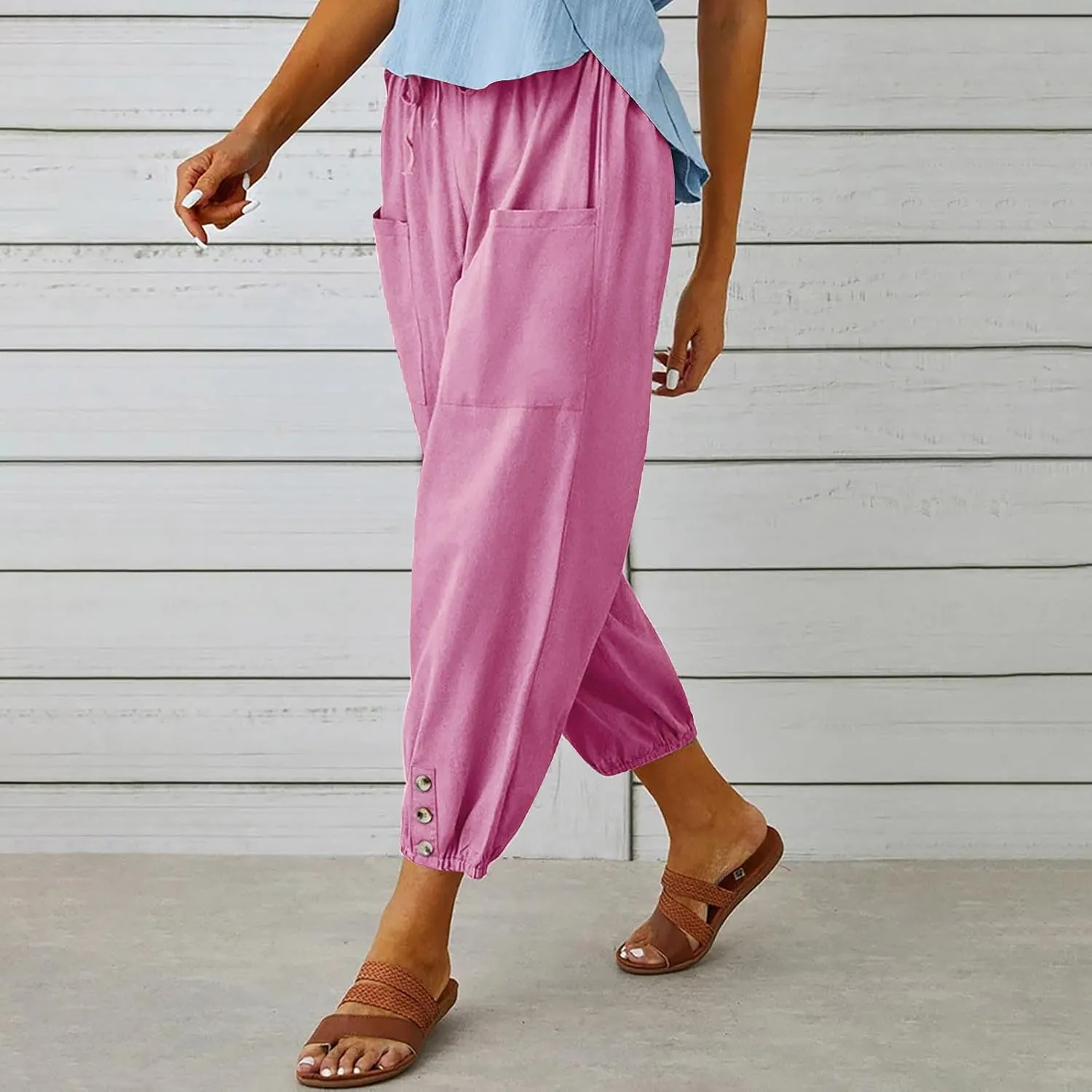 Womens Summer Linen Crop Pants Wide Leg Pants Cotton Linen Pants Elastic Waist Carips Pants Casual Oversized Trousers