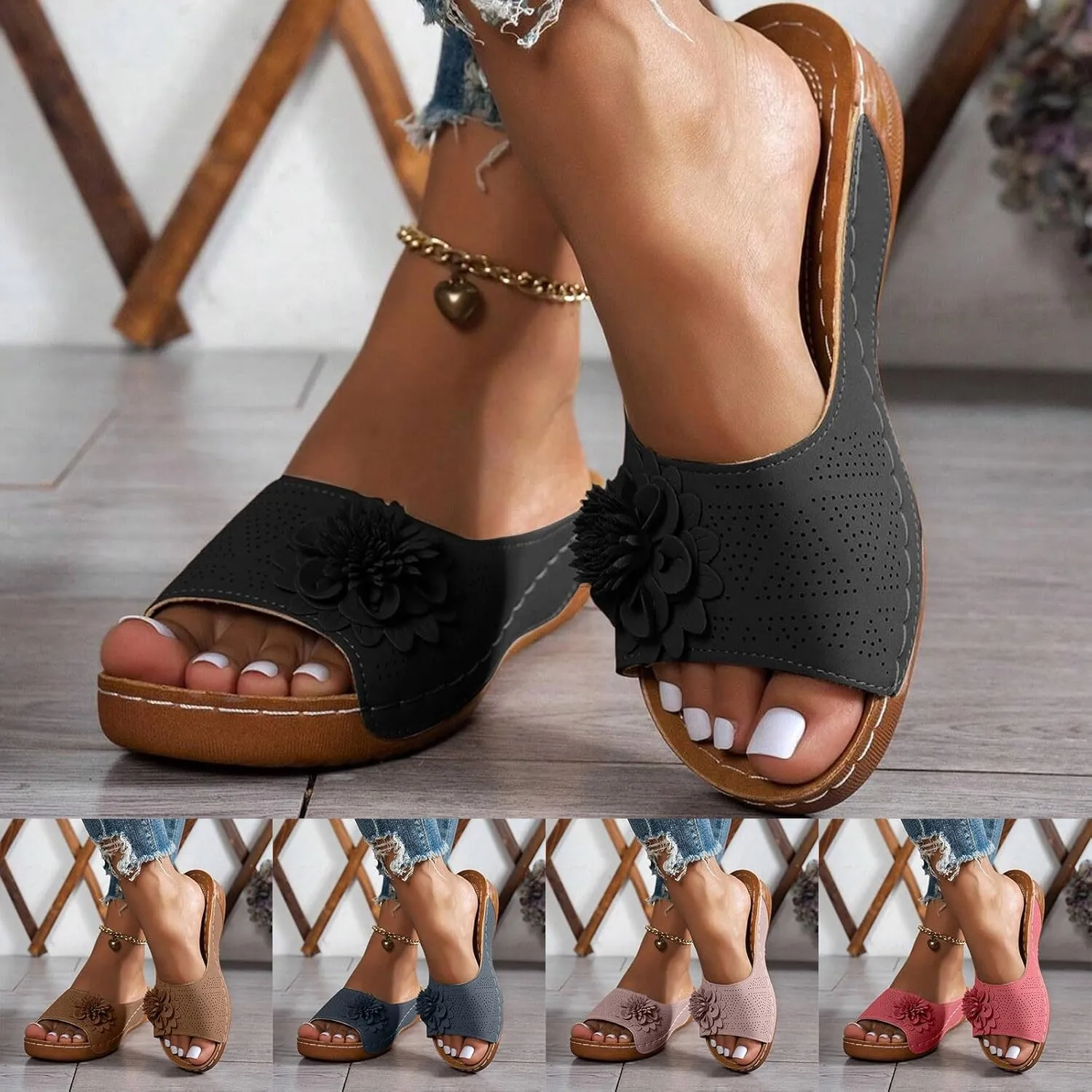 Womens Summer Shoes 2025,Low Wedge Sandals Retro Bohemian Floral Breathable Slip On Orthopedic Arch Support Slide Sandal