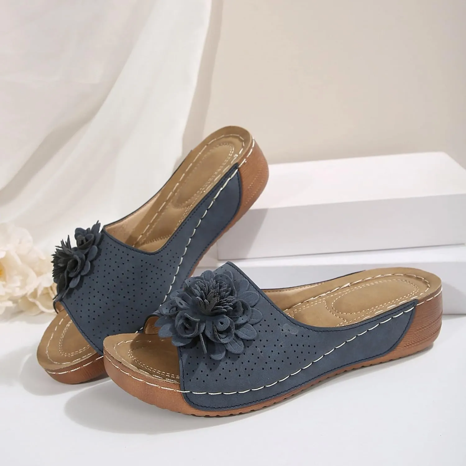 Womens Summer Shoes 2025,Low Wedge Sandals Retro Bohemian Floral Breathable Slip On Orthopedic Arch Support Slide Sandal