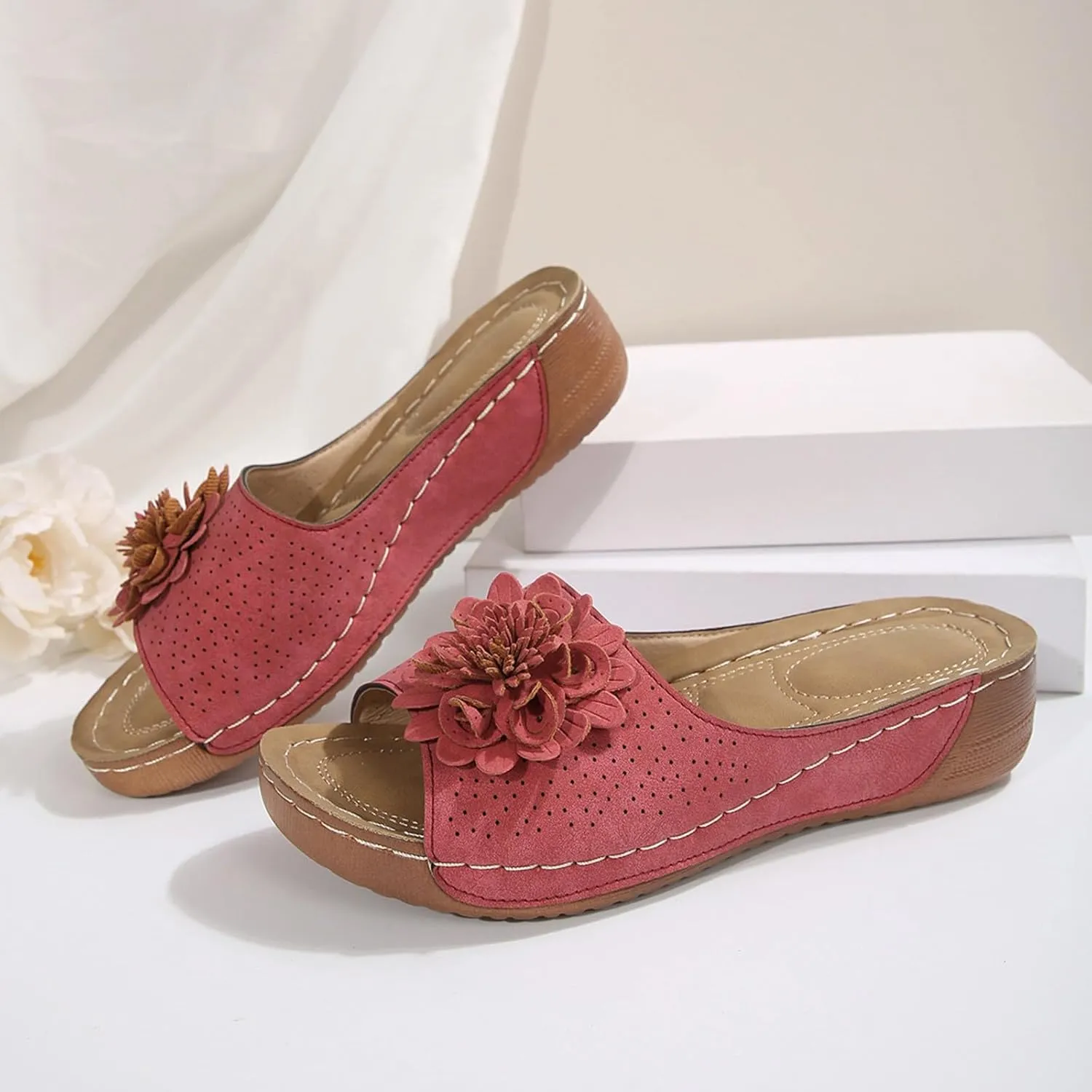 Womens Summer Shoes 2025,Low Wedge Sandals Retro Bohemian Floral Breathable Slip On Orthopedic Arch Support Slide Sandal