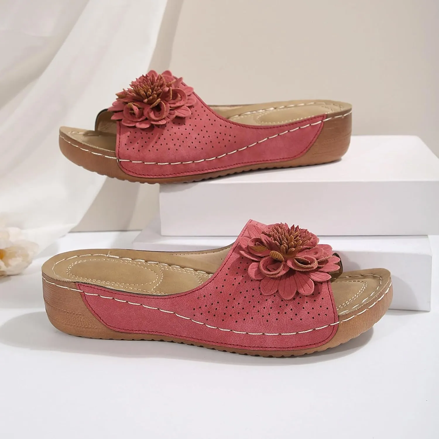 Womens Summer Shoes 2025,Low Wedge Sandals Retro Bohemian Floral Breathable Slip On Orthopedic Arch Support Slide Sandal