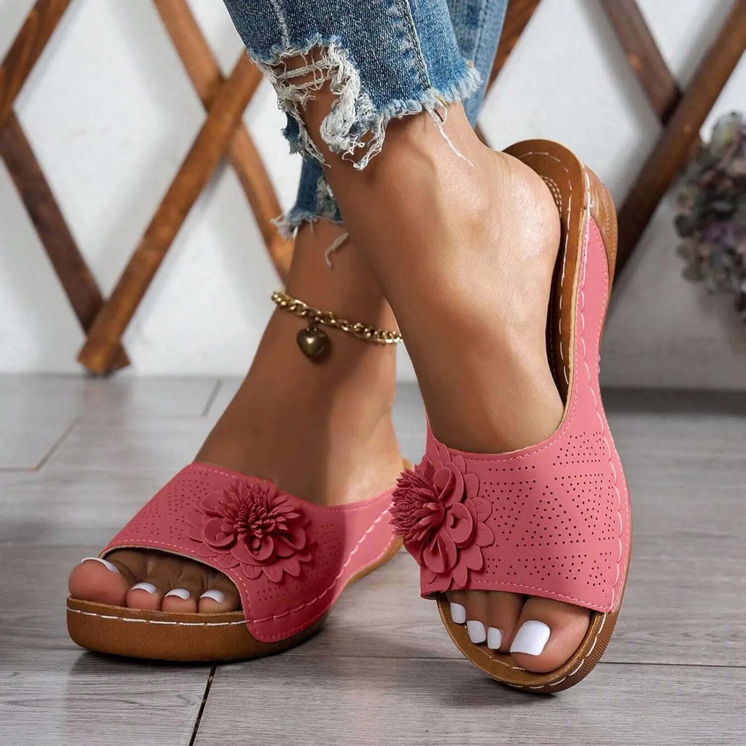 Womens Summer Shoes 2025,Low Wedge Sandals Retro Bohemian Floral Breathable Slip On Orthopedic Arch Support Slide Sandal