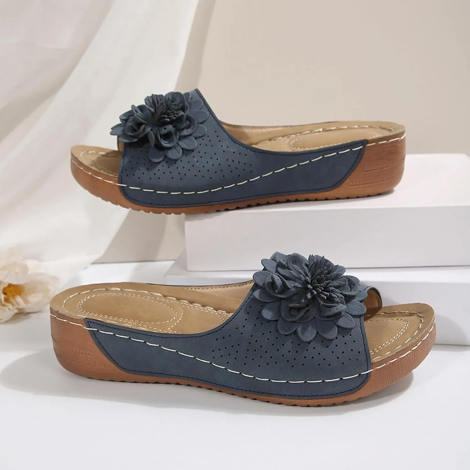 Womens Summer Shoes 2025,Low Wedge Sandals Retro Bohemian Floral Breathable Slip On Orthopedic Arch Support Slide Sandal