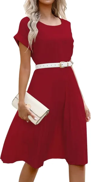 Women's Sun Dresses 2025 Vacation Summer Casual Trendy Solid Color Round Neck Short Sleeve Midi Dress, S-XL