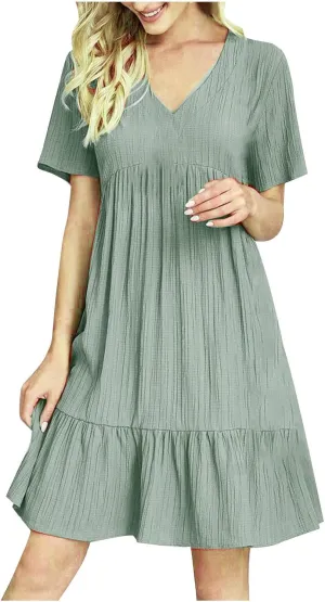 Women's Sundresses Short Sleeve Elegant Mini Dress Ruffle Pleated Summer Dresses Flowy V Neck Beach Dress