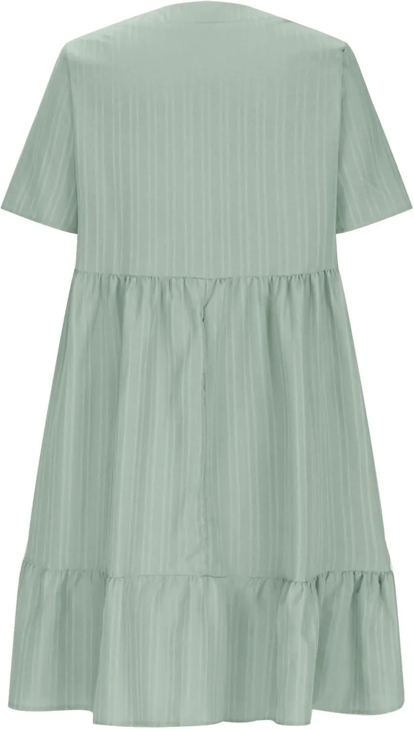 Women's Sundresses Short Sleeve Elegant Mini Dress Ruffle Pleated Summer Dresses Flowy V Neck Beach Dress