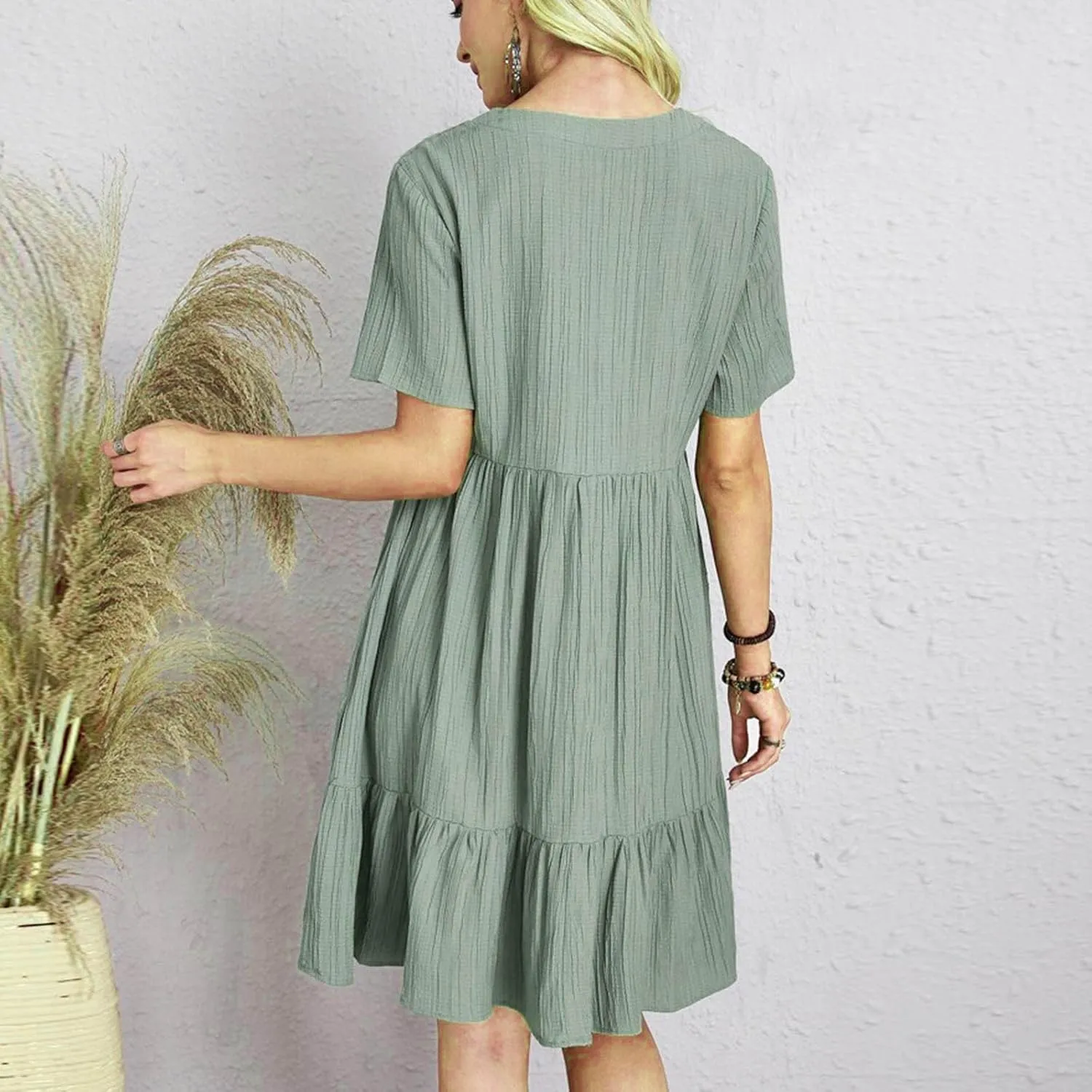 Women's Sundresses Short Sleeve Elegant Mini Dress Ruffle Pleated Summer Dresses Flowy V Neck Beach Dress