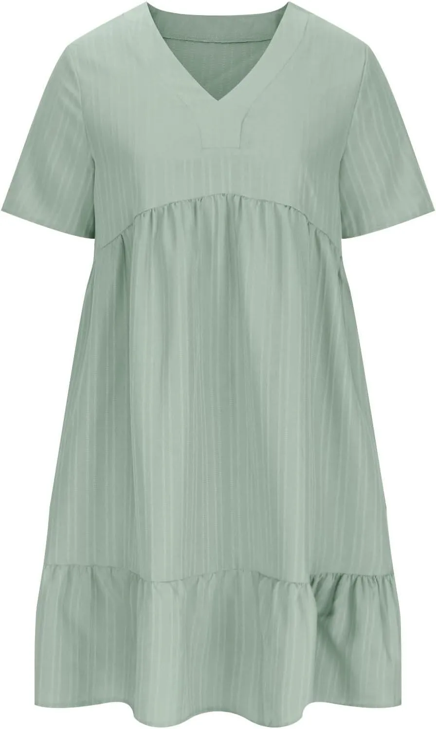 Women's Sundresses Short Sleeve Elegant Mini Dress Ruffle Pleated Summer Dresses Flowy V Neck Beach Dress