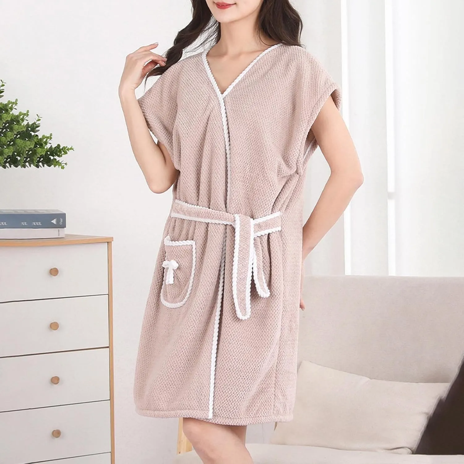 Womens Terry Home Cloth Bathrobe Short Sleeve Belted Spa Hotel Dressing Gown Absorbent Quick-Dry Robes with Pockets