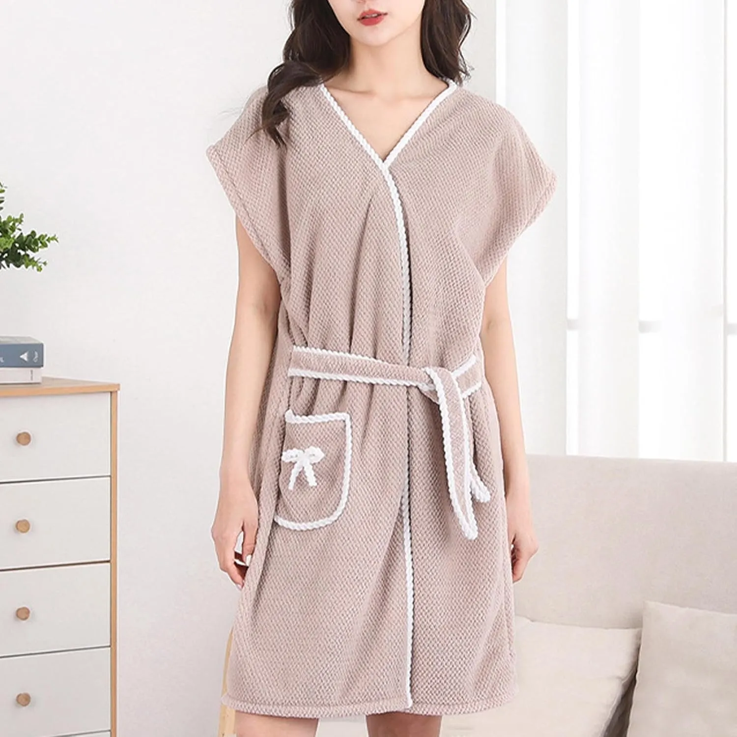 Womens Terry Home Cloth Bathrobe Short Sleeve Belted Spa Hotel Dressing Gown Absorbent Quick-Dry Robes with Pockets