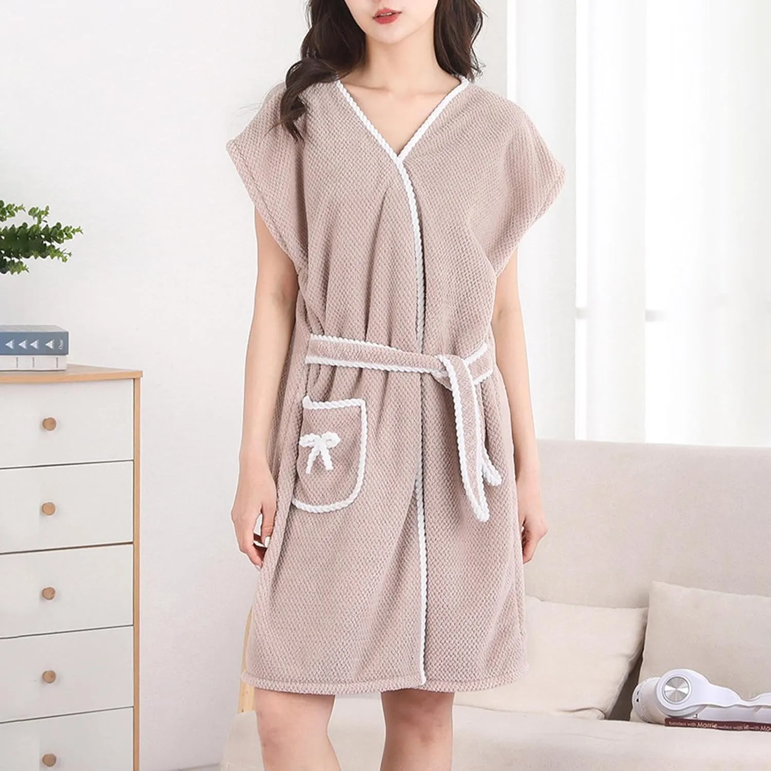 Womens Terry Home Cloth Bathrobe Short Sleeve Belted Spa Hotel Dressing Gown Absorbent Quick-Dry Robes with Pockets