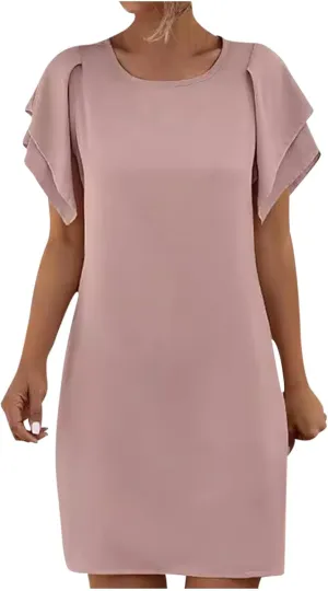 Womens Tiered Short Sleeve Mini Dress Round Neck Comfy Sundress Summer Loose Pencil Dress Stylish Ruffle Dresses