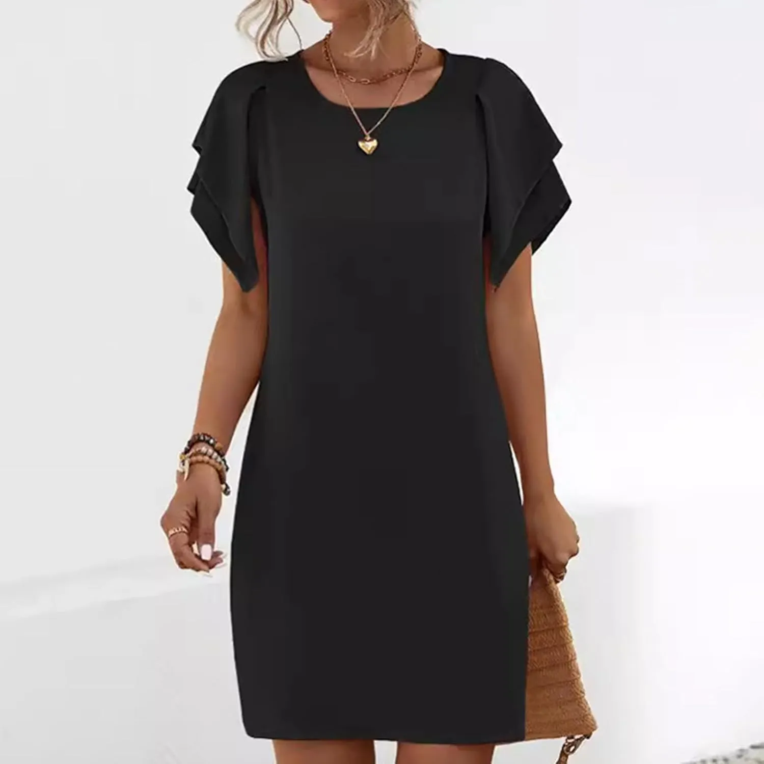 Womens Tiered Short Sleeve Mini Dress Round Neck Comfy Sundress Summer Loose Pencil Dress Stylish Ruffle Dresses