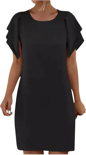 Womens Tiered Short Sleeve Mini Dress Round Neck Comfy Sundress Summer Loose Pencil Dress Stylish Ruffle Dresses