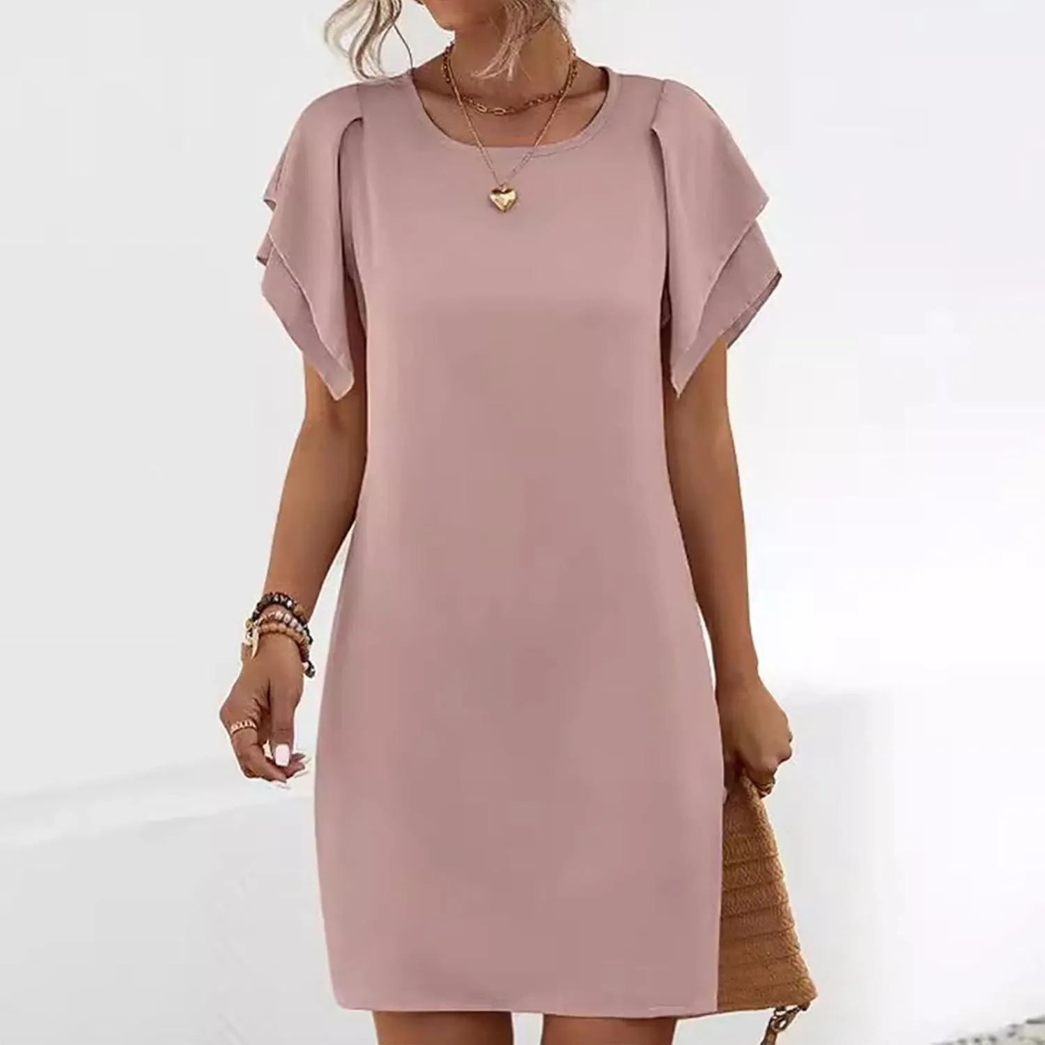 Womens Tiered Short Sleeve Mini Dress Round Neck Comfy Sundress Summer Loose Pencil Dress Stylish Ruffle Dresses