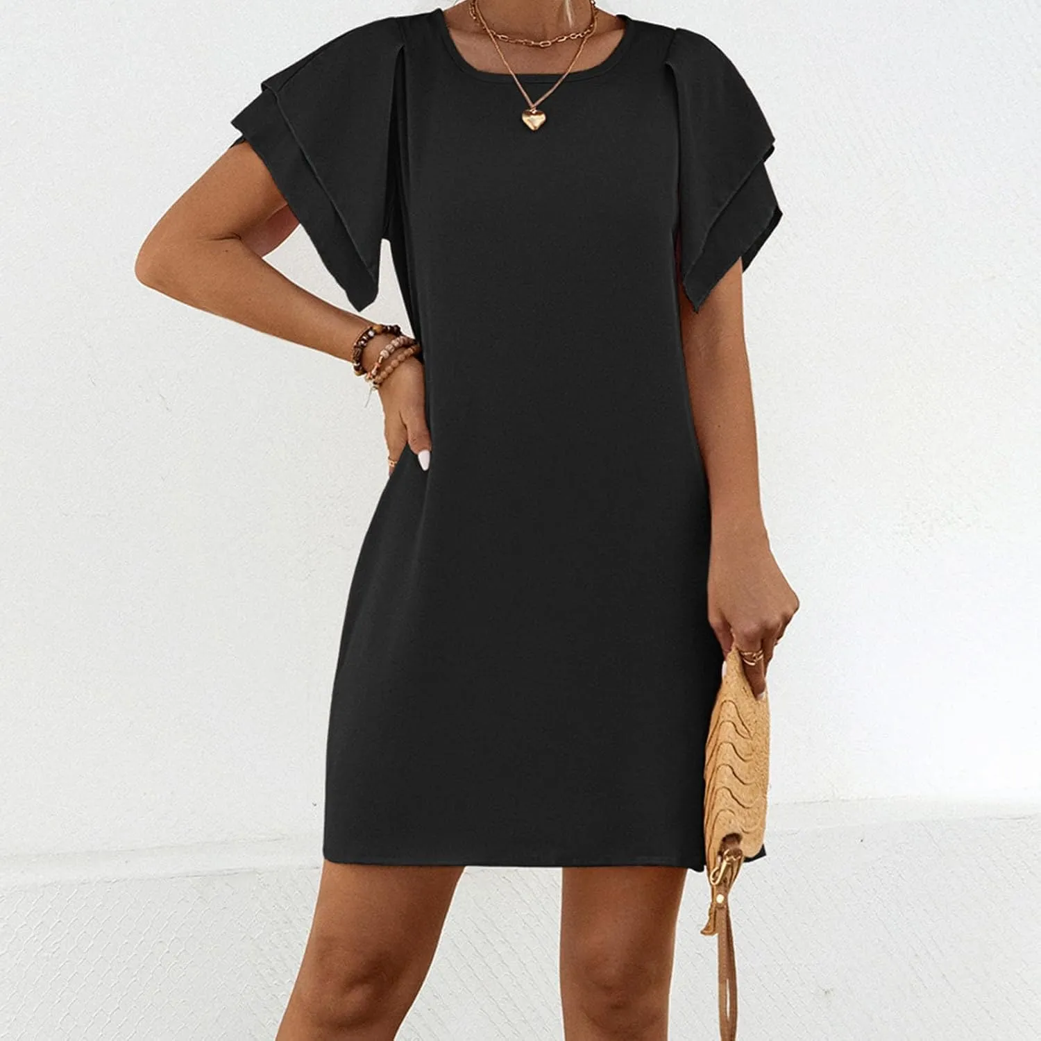 Womens Tiered Short Sleeve Mini Dress Round Neck Comfy Sundress Summer Loose Pencil Dress Stylish Ruffle Dresses