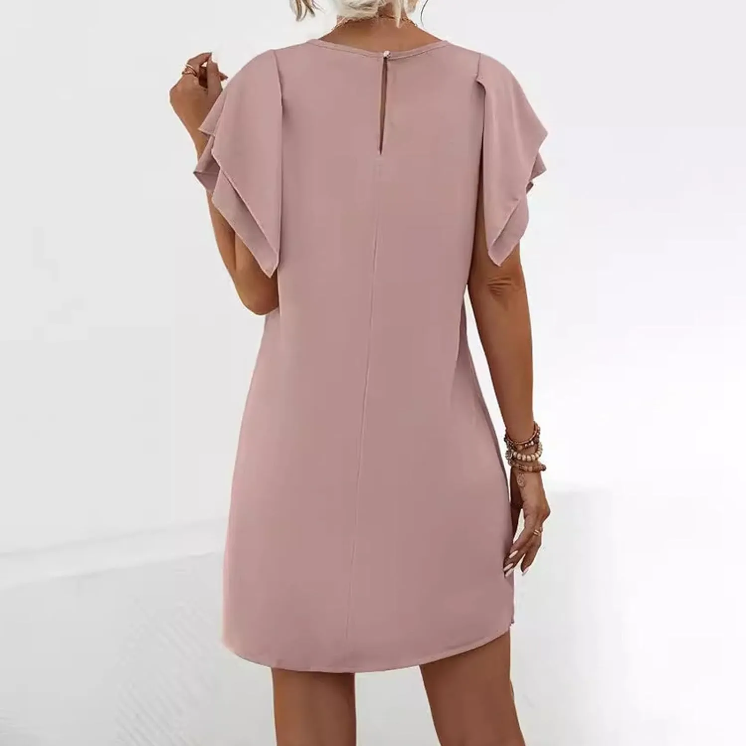 Womens Tiered Short Sleeve Mini Dress Round Neck Comfy Sundress Summer Loose Pencil Dress Stylish Ruffle Dresses