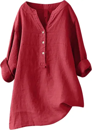 Womens Tunic Tops Summer Casual Linen Long Sleeve Notch V-Neck Half Button Shirts Loose Fit Solid Color Blouses Trendy