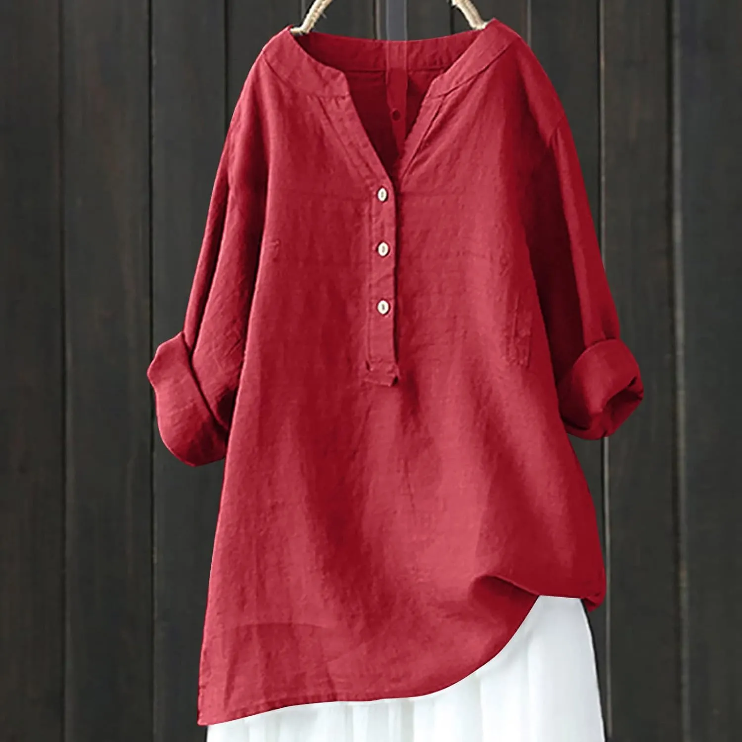 Womens Tunic Tops Summer Casual Linen Long Sleeve Notch V-Neck Half Button Shirts Loose Fit Solid Color Blouses Trendy