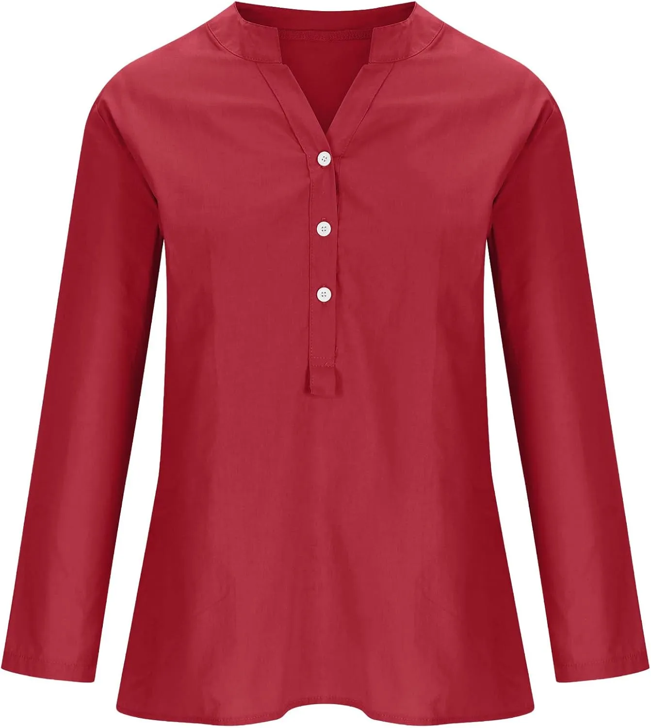 Womens Tunic Tops Summer Casual Linen Long Sleeve Notch V-Neck Half Button Shirts Loose Fit Solid Color Blouses Trendy