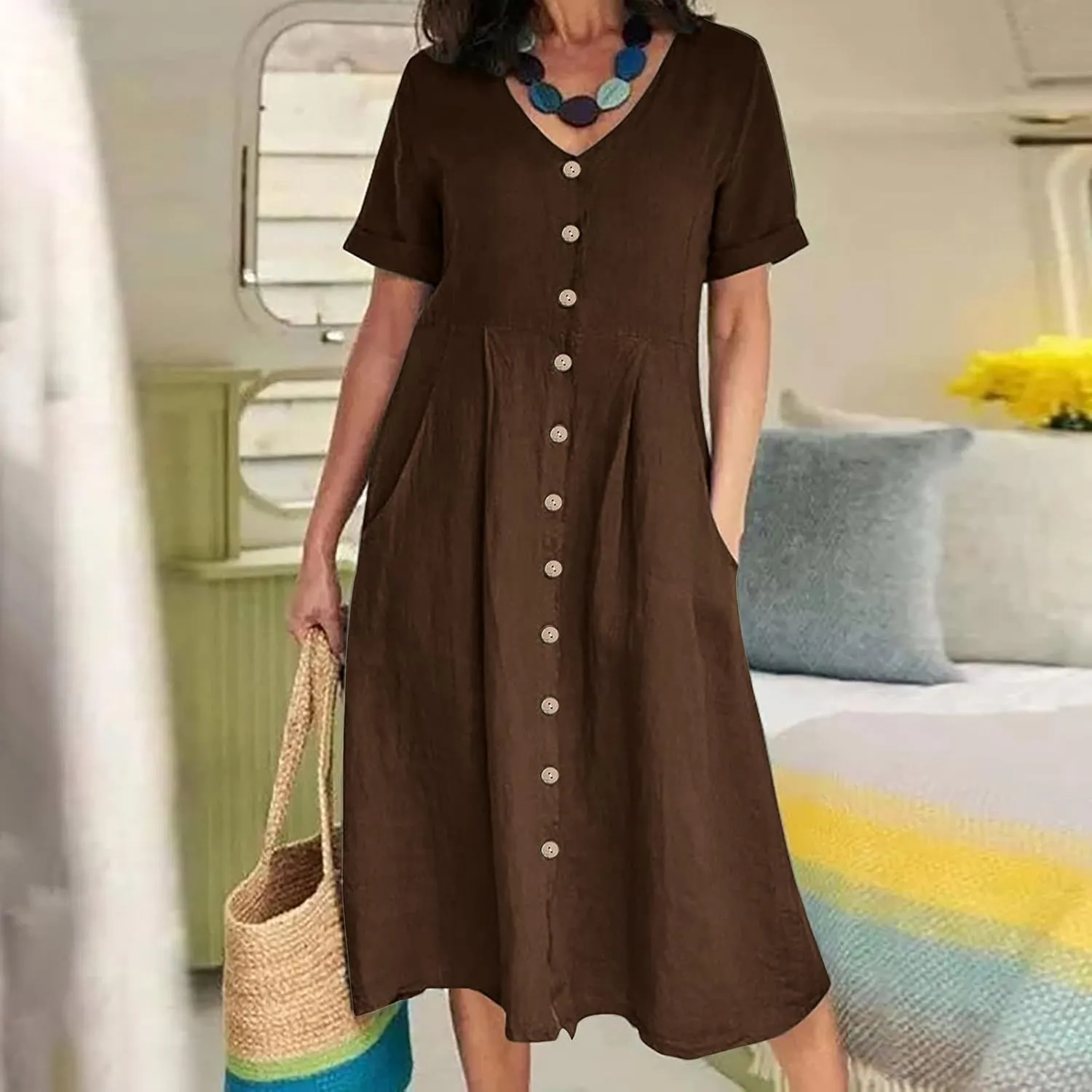 Women's V Neck Pleated Summer Dress Trendy Casual Short Sleeve Midi Dresses Loose Comfort Cotton Linen Dress
