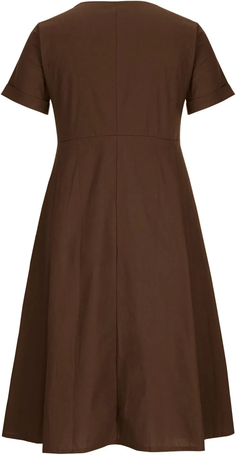 Women's V Neck Pleated Summer Dress Trendy Casual Short Sleeve Midi Dresses Loose Comfort Cotton Linen Dress